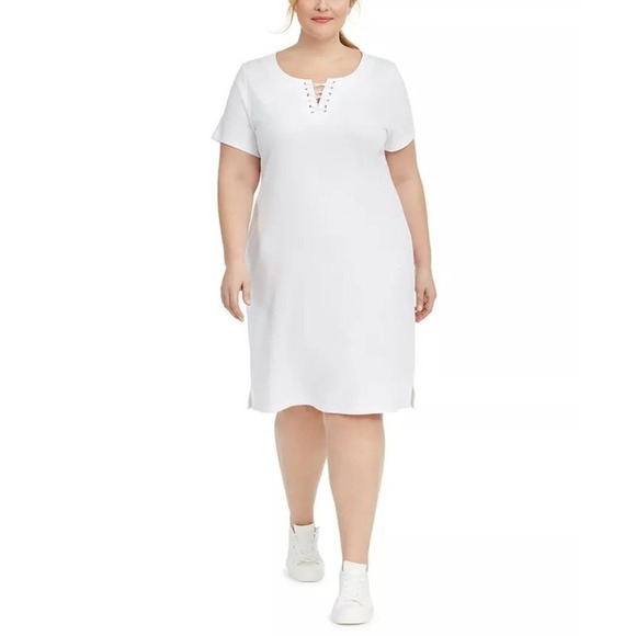 Karen Scott Plus Size Laced-Neck Dress Olive Sprig 1X - Picture 1 of 3